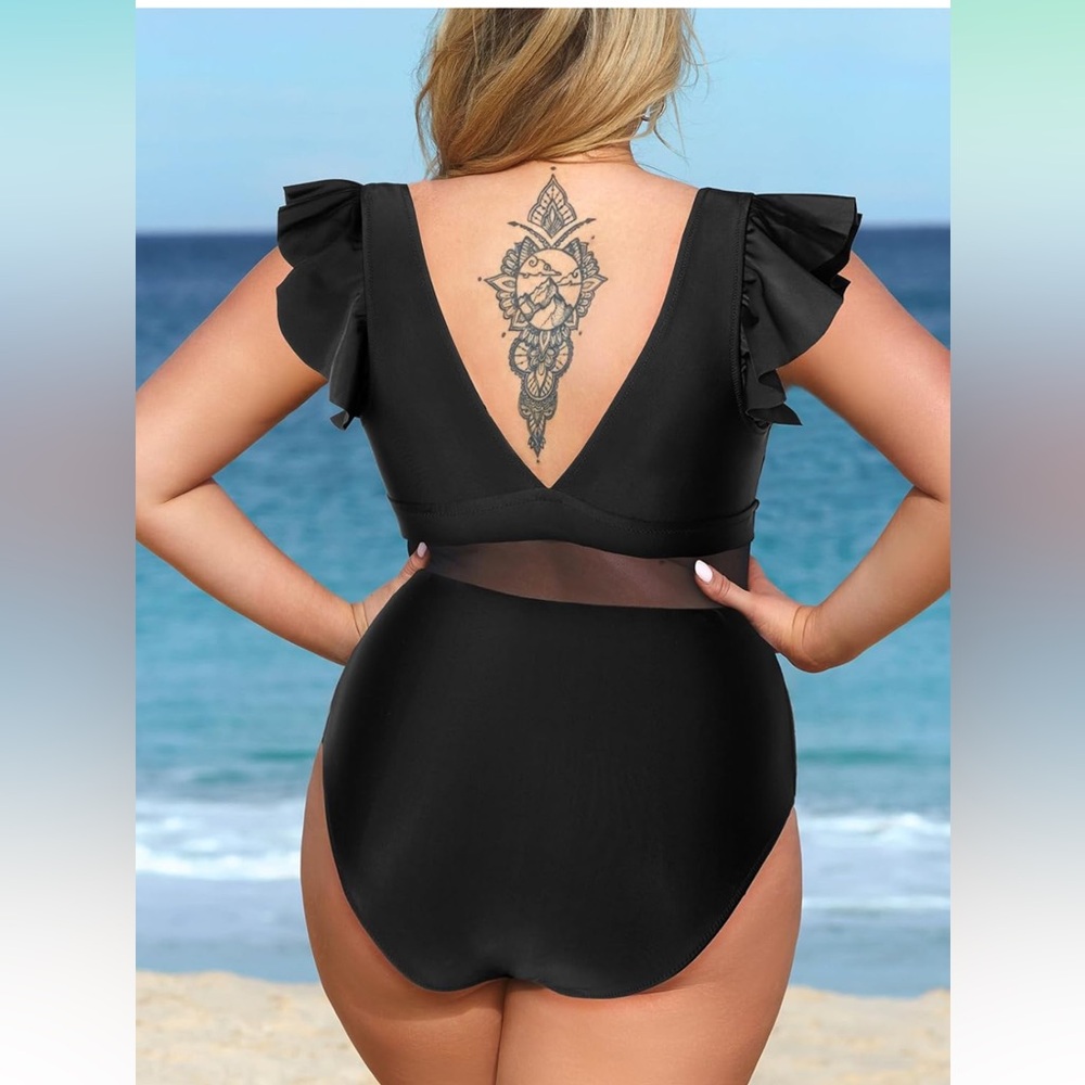 Plus Size V Neck Ruffle Mesh Bathing Suit - Picture 3 of 9